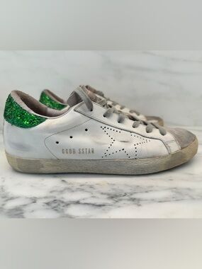 Golden Goose White Leather Sneakers with Green Glitter Heel Tab